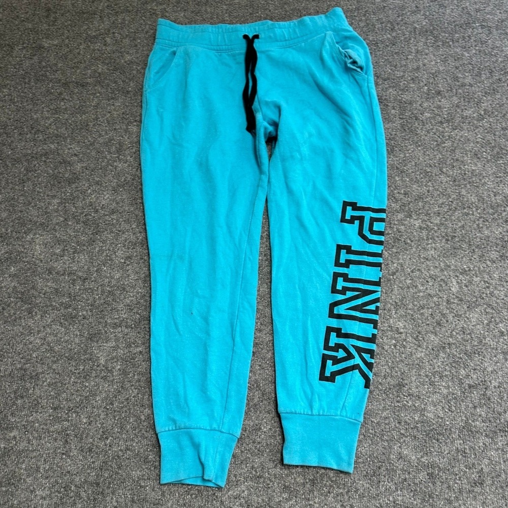 PINK Sweatpants Womens Size M Blue Joggers Fleece Drawstring Tapered Pockets